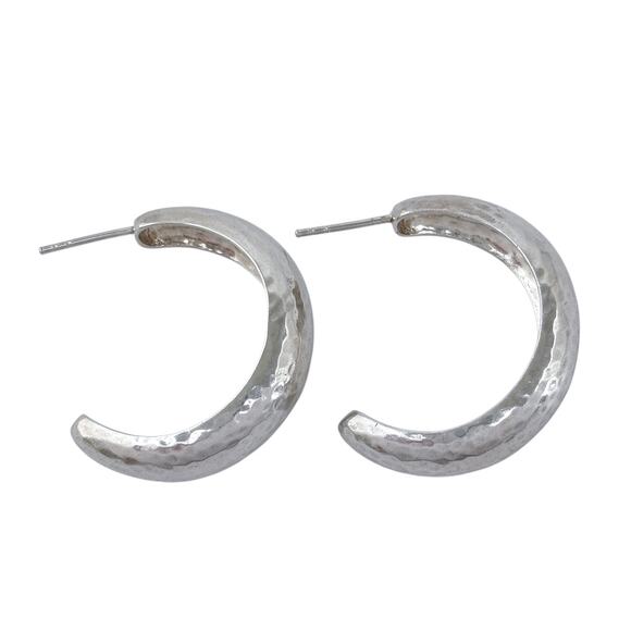 Estate Sterling Silver 925 Hammered Half Hoop Earrings - Picture 7 of 9